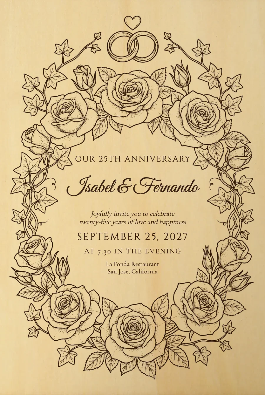 Rings & Roses Anniversary on Wood — Wood