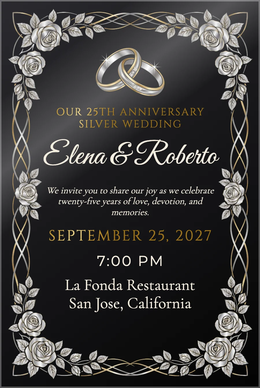 Silver Roses Anniversary on Black Acrylic — Black acrylic