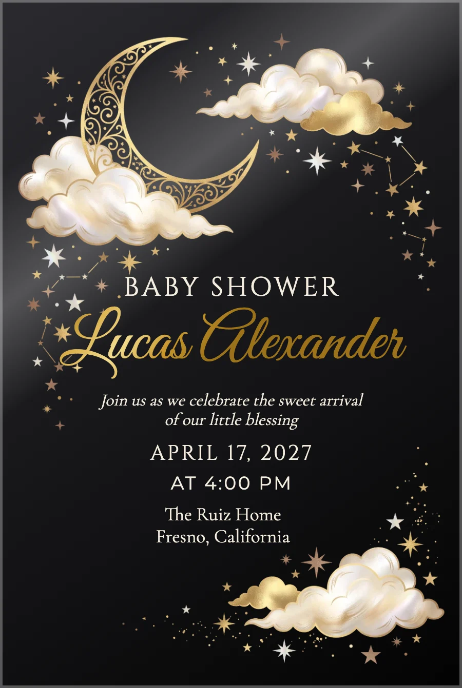 Gold Moon Baby Shower on Black Acrylic — Black acrylic
