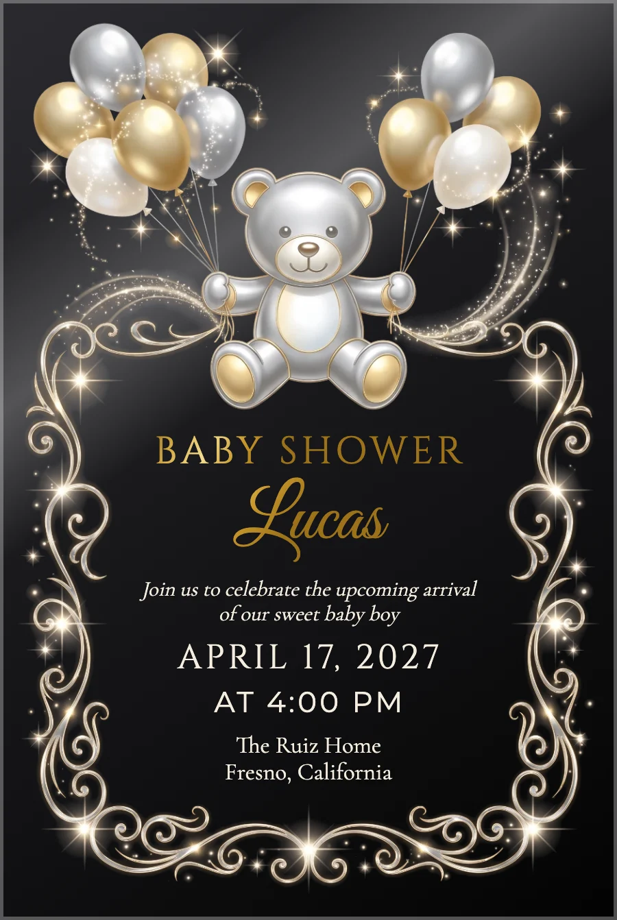 Silver Teddy Baby Shower on Black Acrylic — Black acrylic