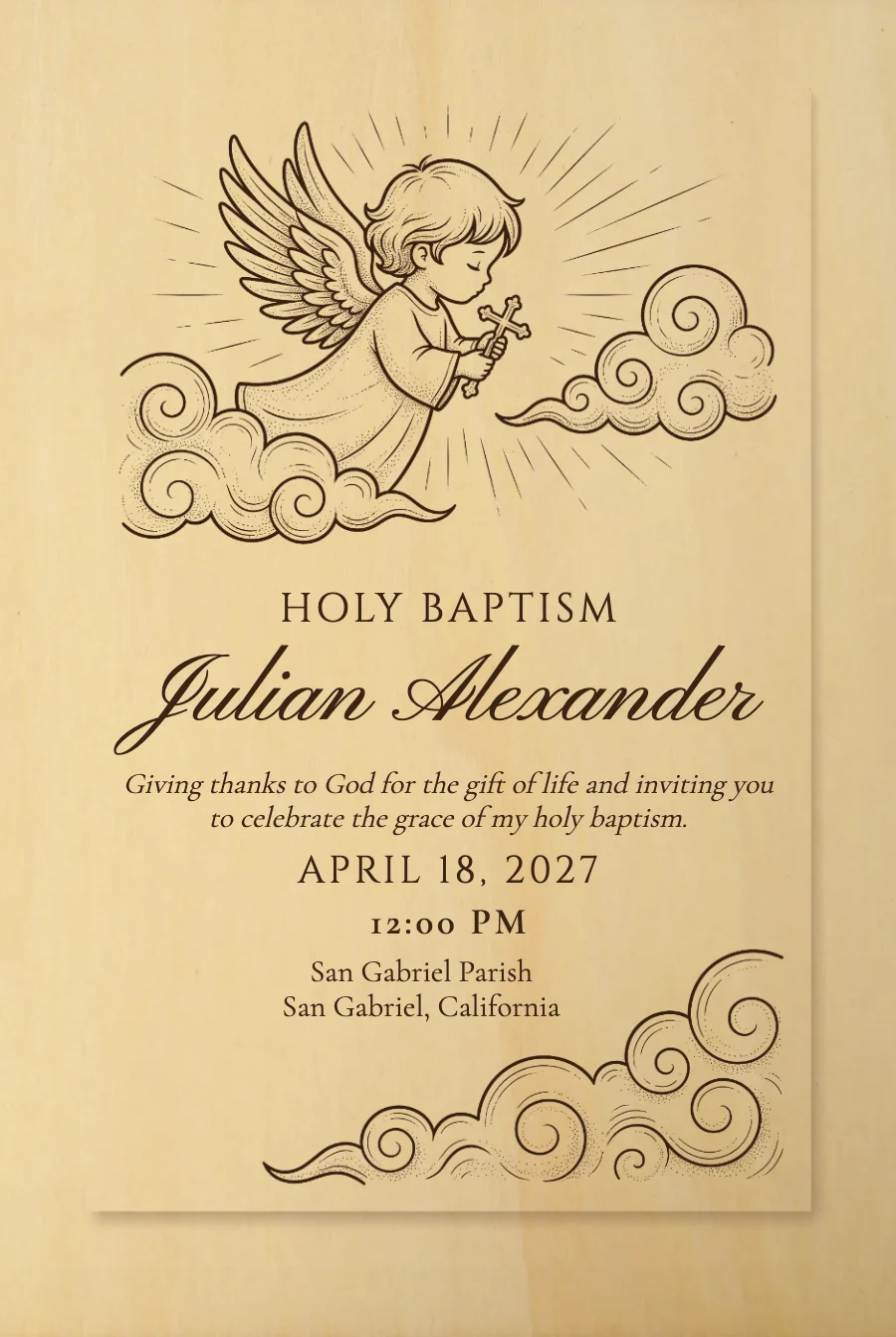 Engraved Little Angel Baptism on Wood — Wood