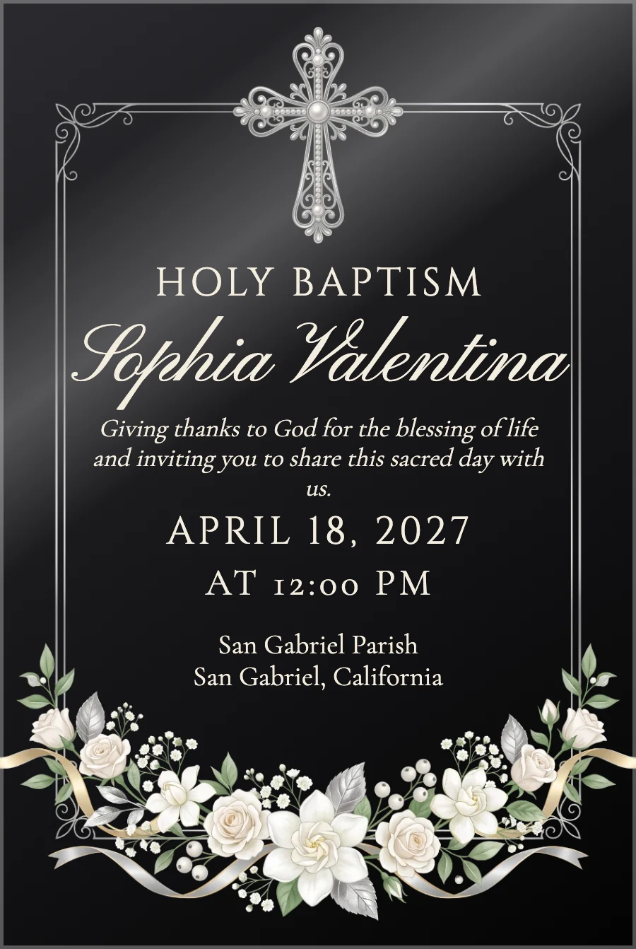 Silver Cross & Flowers Baptism on Black Acrylic — Black acrylic