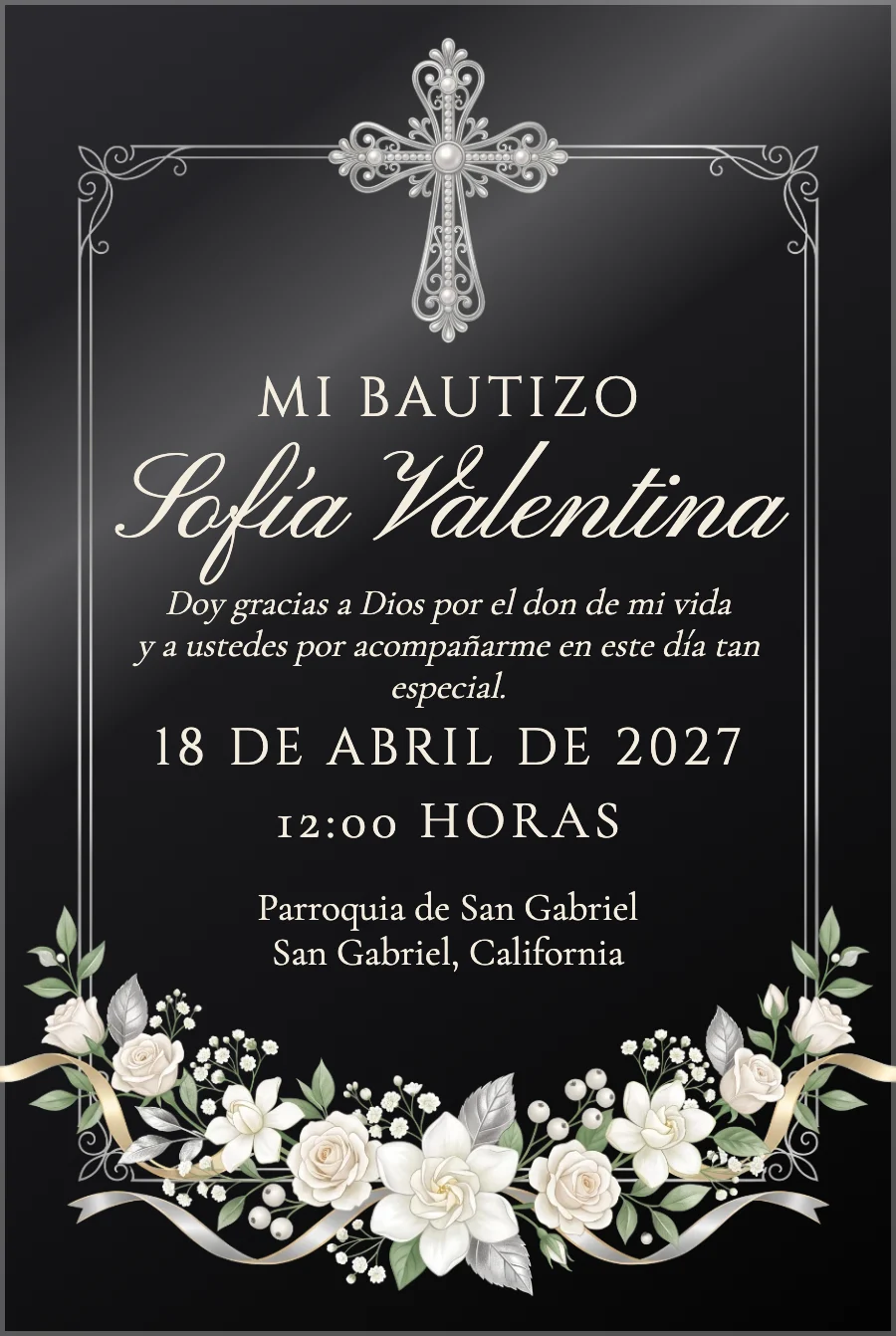 Bautizo Cruz Plateada y Flores en Acrílico Negro — Acrílico negro