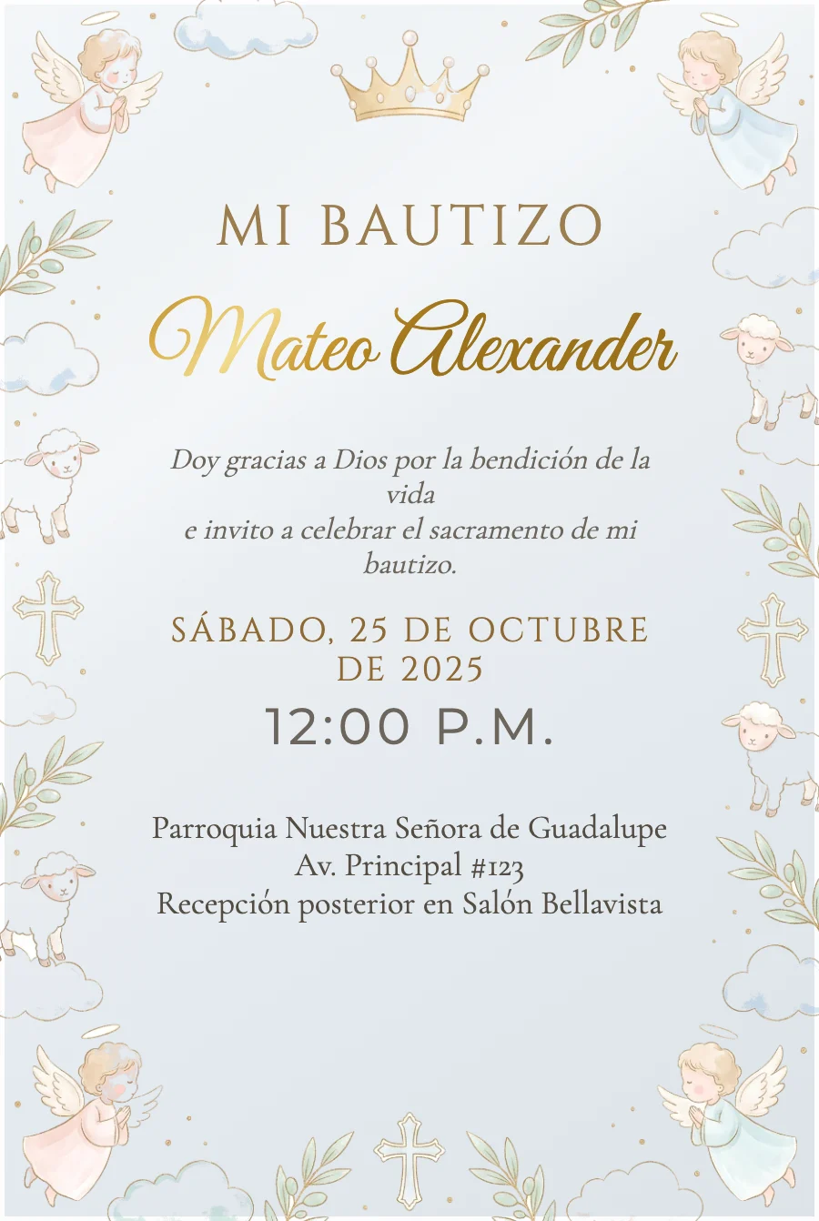 Bautizo · Infantil tierno · Blanco y dorado (sin fondo) — Acrílico transparente
