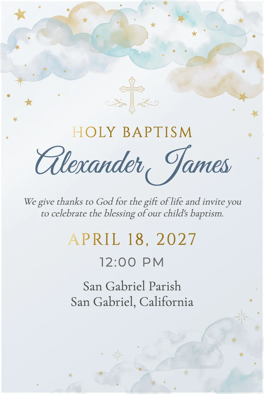 Blue Clouds & Stars Baptism on Acrylic — Clear acrylic