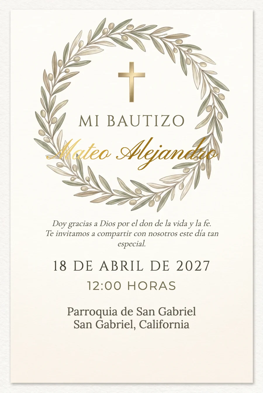 Bautizo Olivo Clásico en Papel — Papel fino