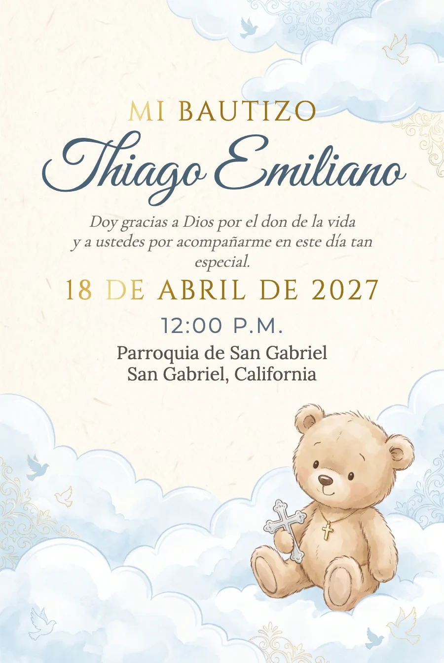 Bautizo Osito Celeste en Papel — Papel fino