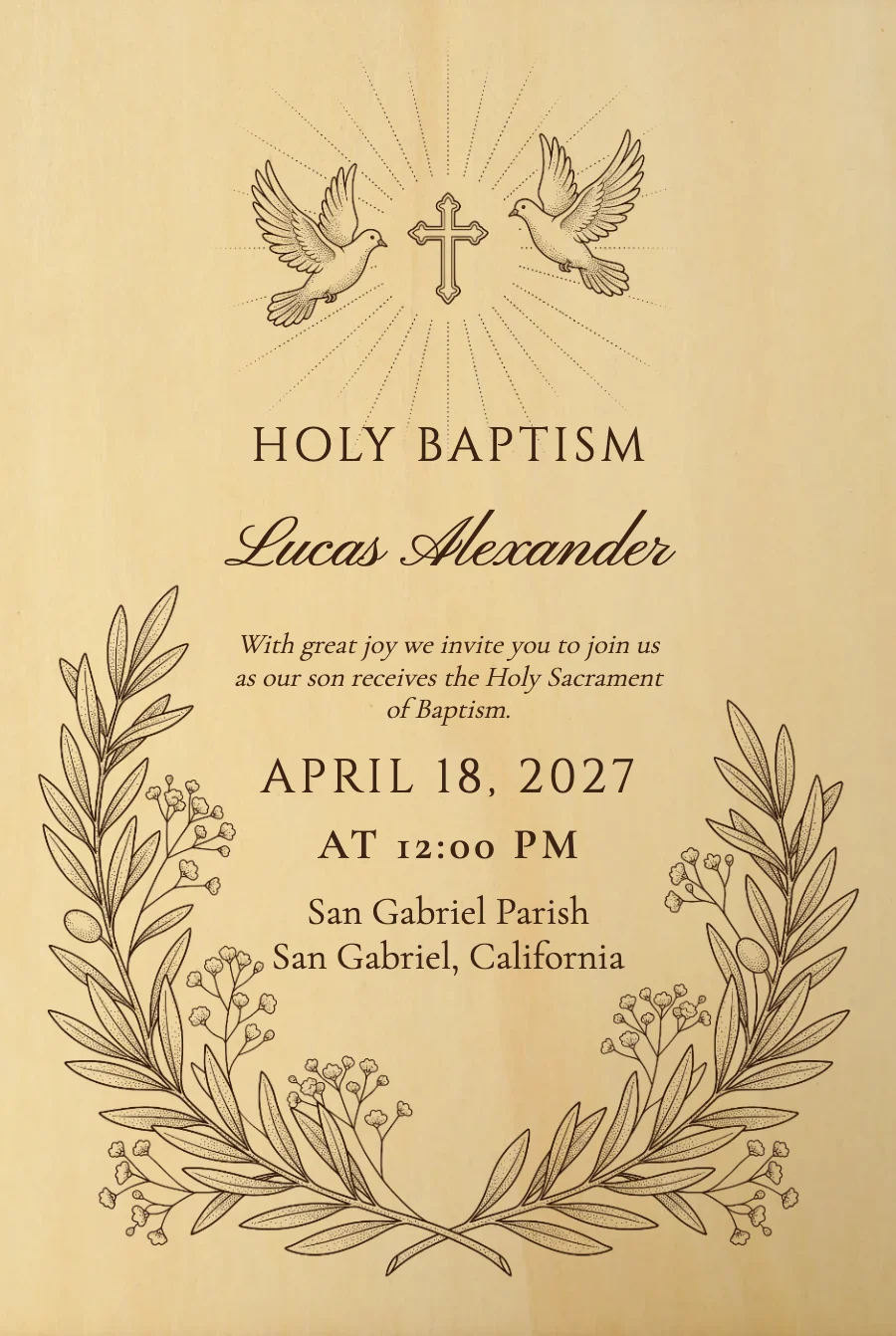 Doves & Olive Baptism on Wood — Wood