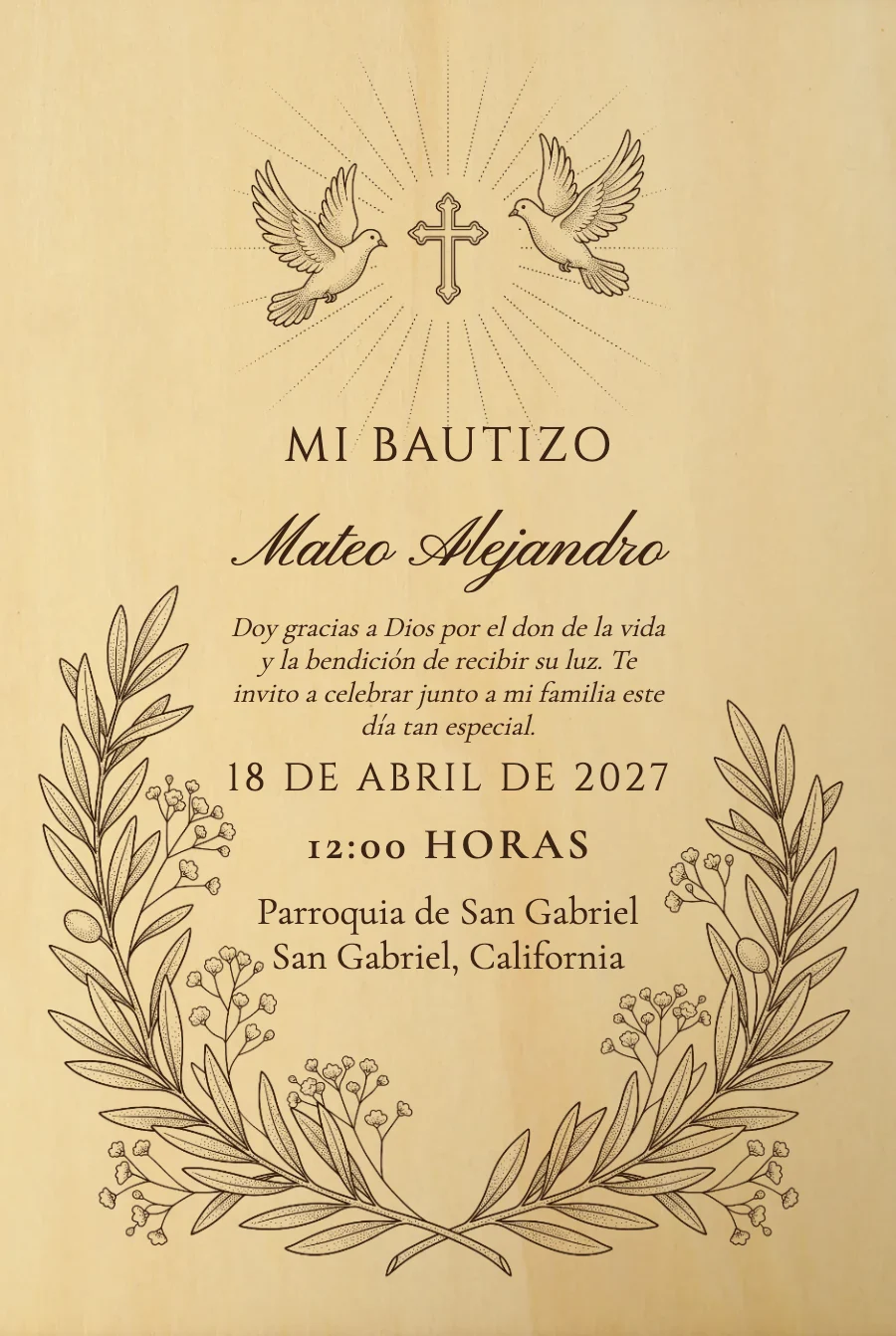 Bautizo Palomas y Olivo en Madera — Madera