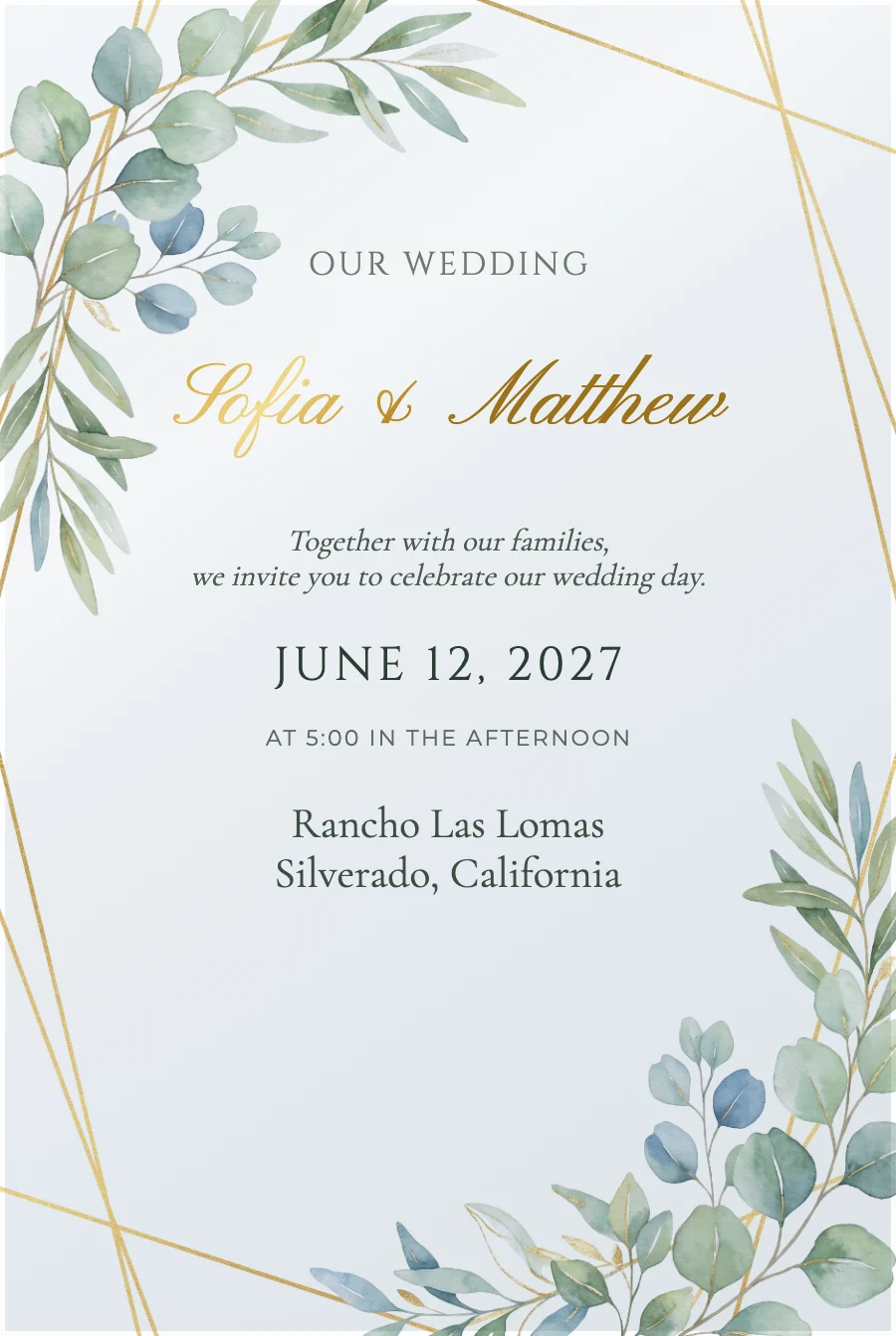 Eucalyptus & Gold Wedding on Acrylic — Clear acrylic