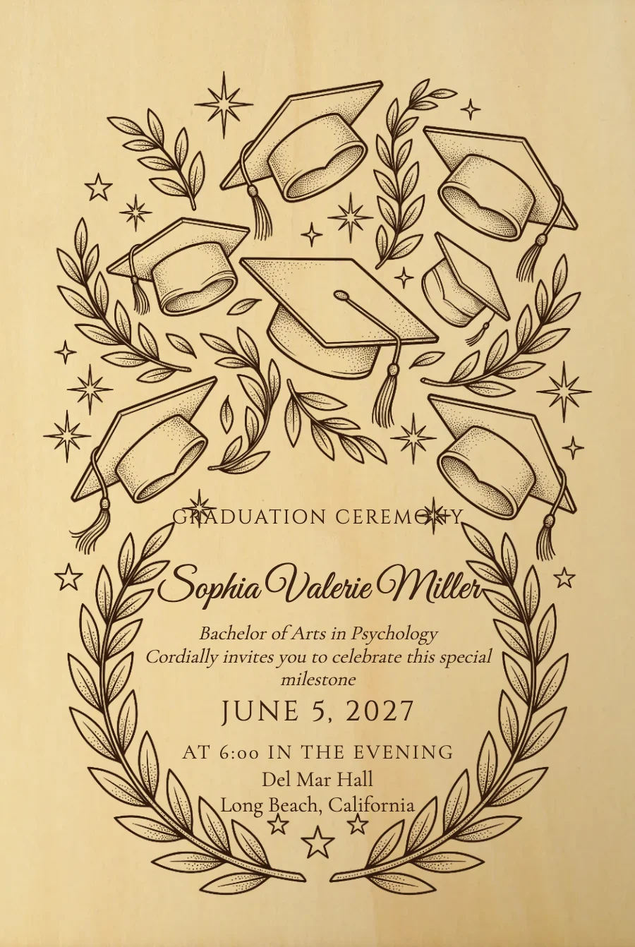 Engraved Cap Graduation on Wood — Wood
