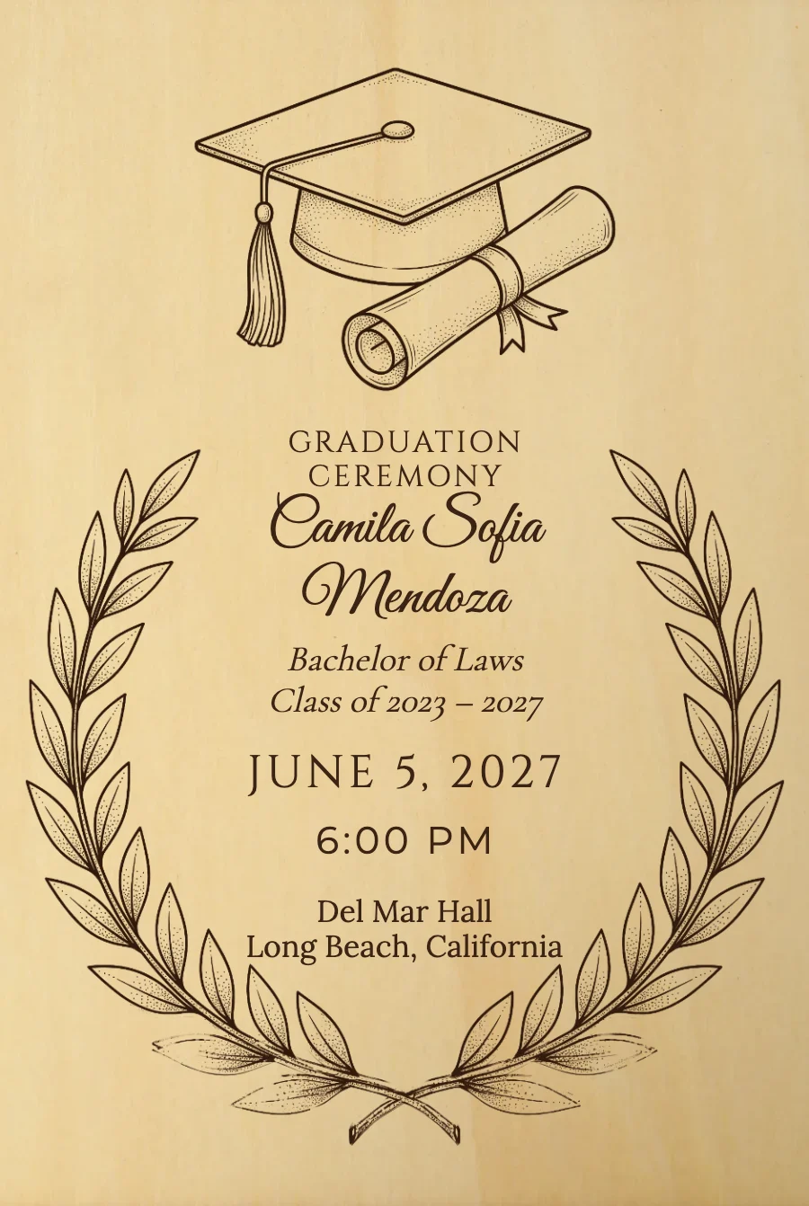 Cap & Laurel Graduation on Wood — Wood