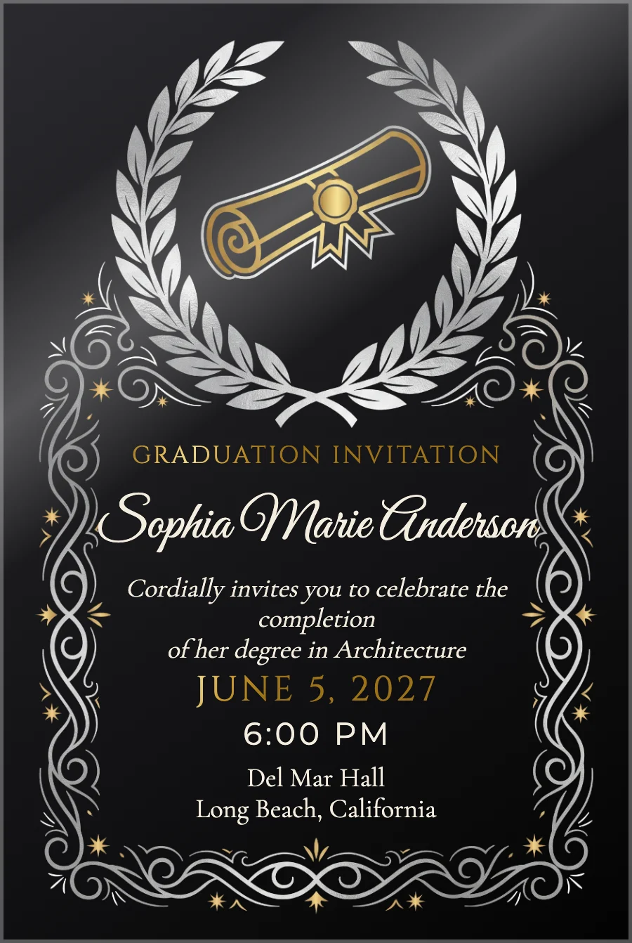 Silver Laurel Graduation on Black Acrylic — Black acrylic