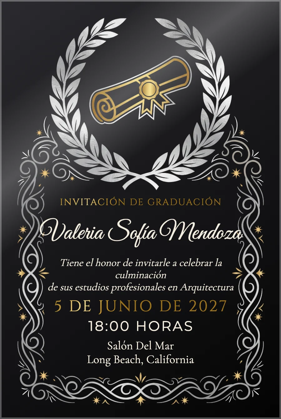 Graduación Laurel Plateado en Acrílico Negro — Acrílico negro