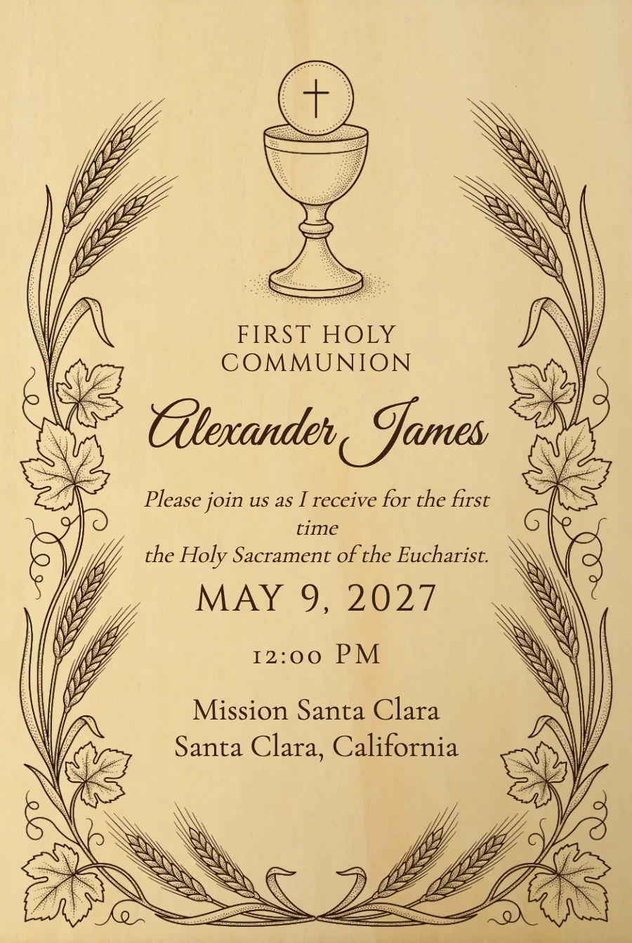 Chalice & Wheat First Communion on Wood — Wood