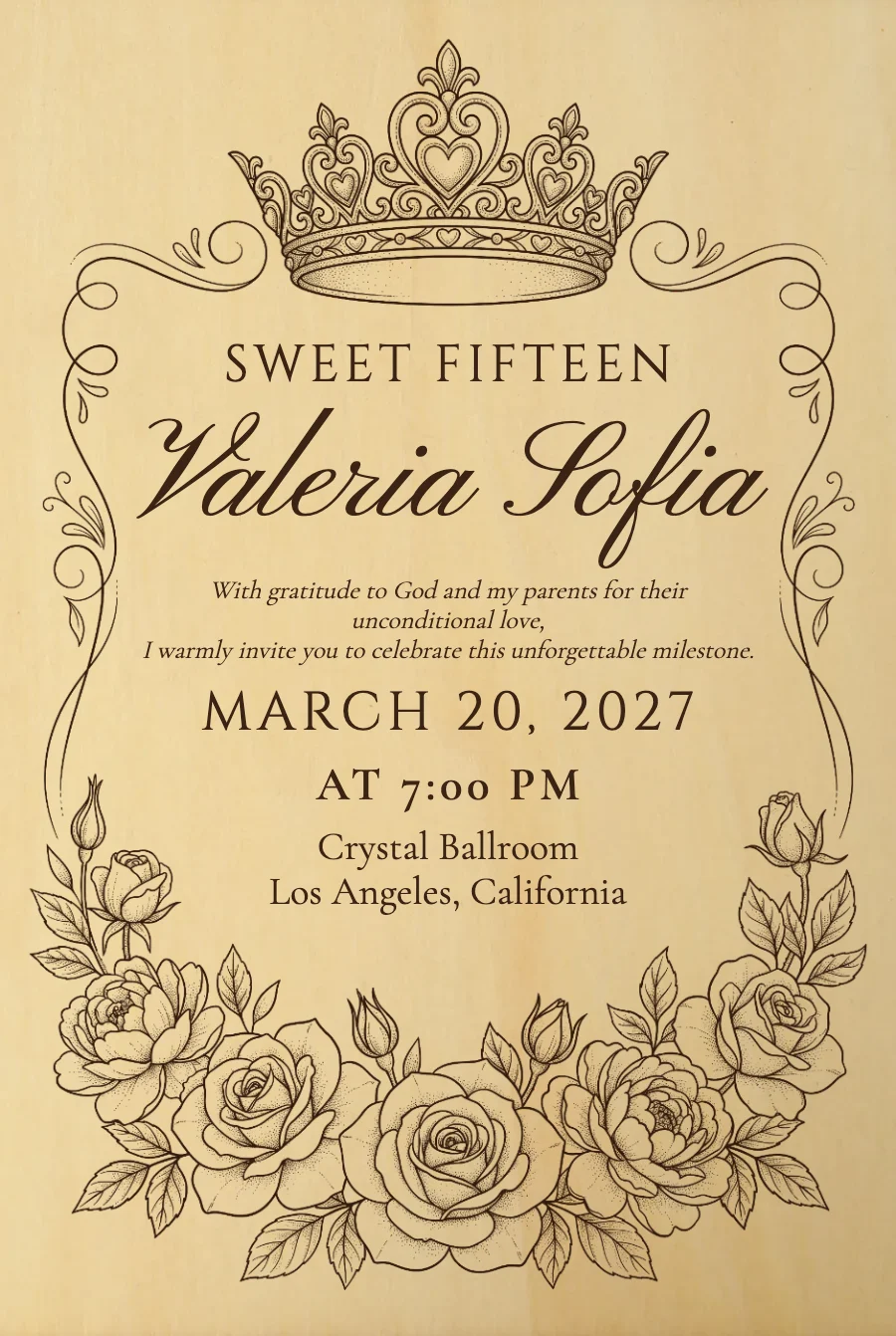 Crown & Roses Quinceañera on Wood — Wood