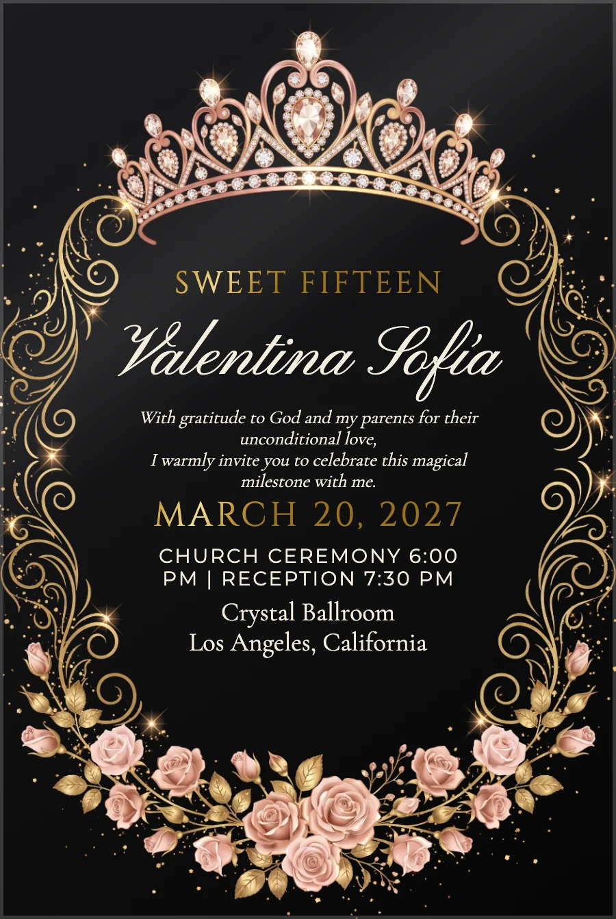 Rose Gold Tiara Quinceañera on Black — Black acrylic
