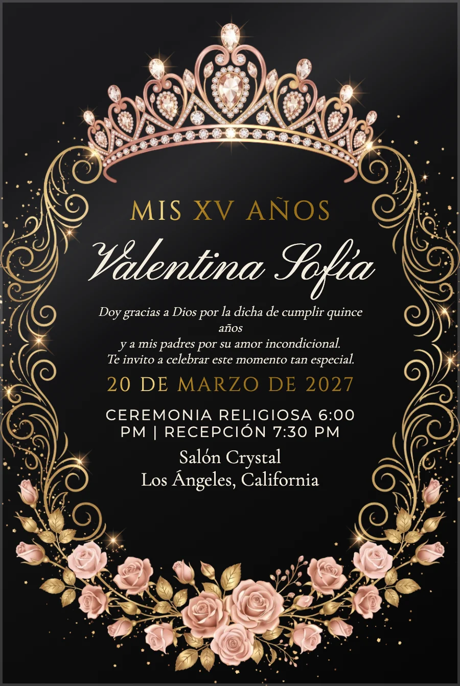 XV Años Tiara Oro Rosa en Negro — Acrílico negro