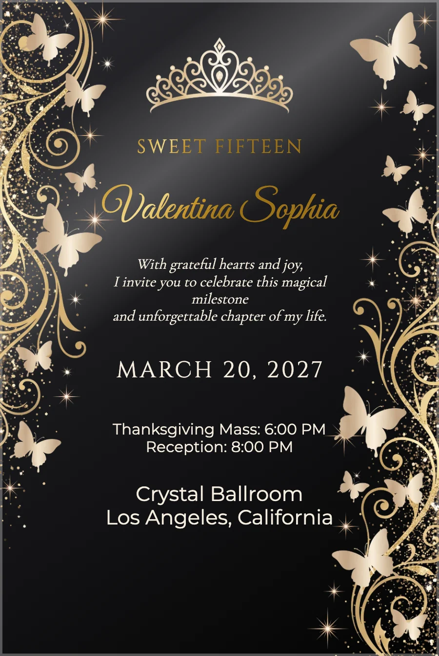 Golden Butterflies Quinceañera on Black Acrylic — Black acrylic