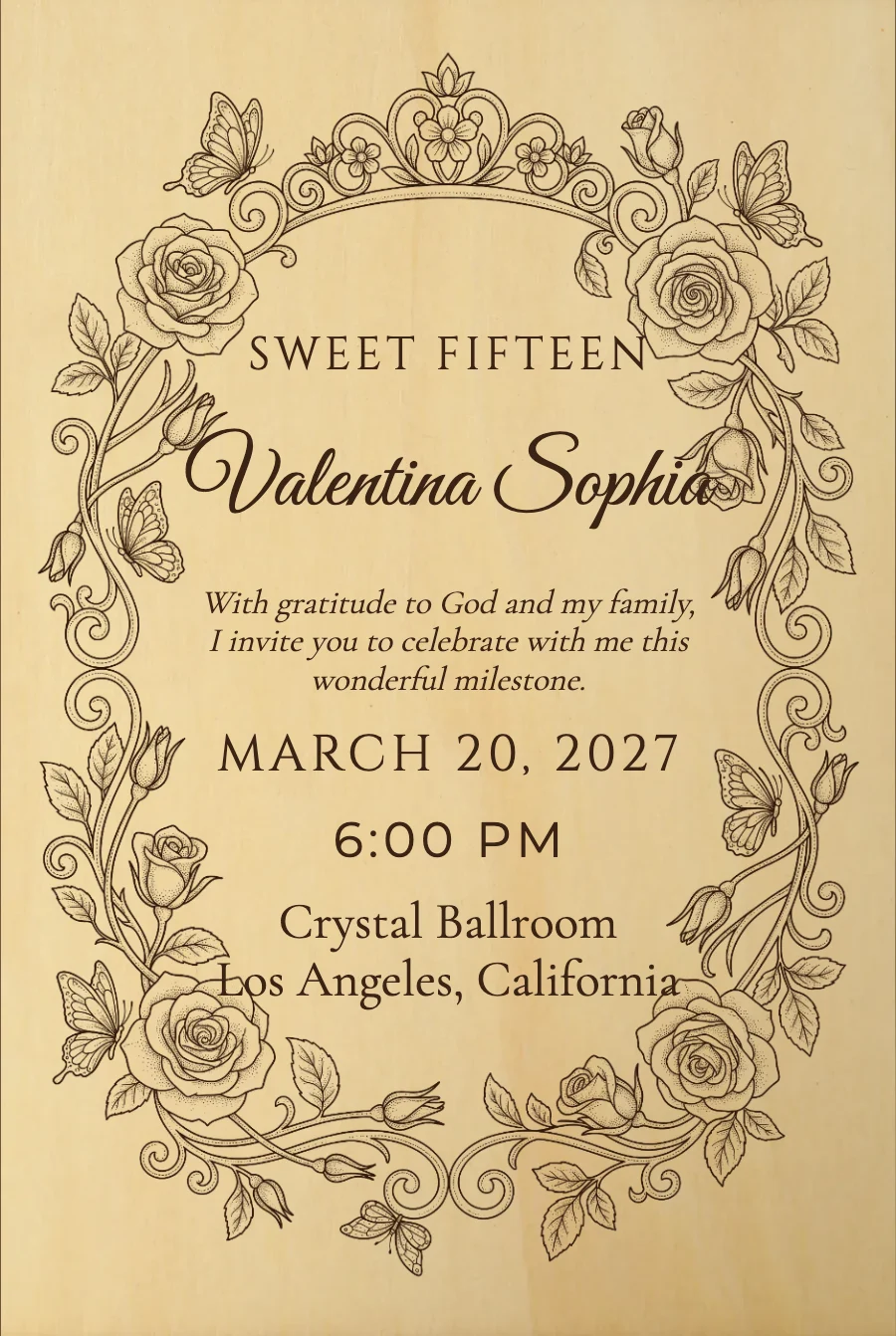 Engraved Butterflies Quinceañera on Wood — Wood
