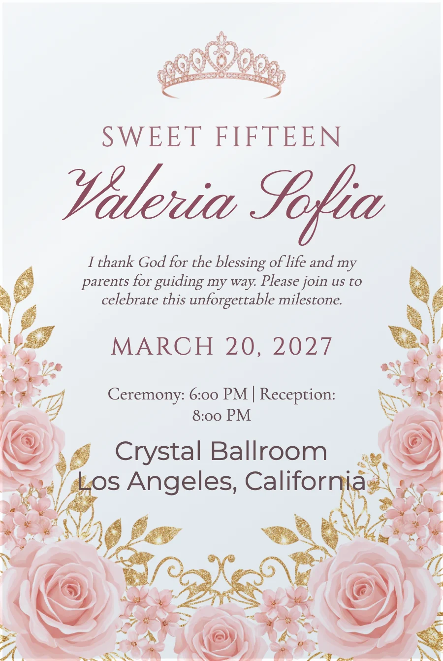 Pink Tiara & Roses Quinceañera on Acrylic — Clear acrylic